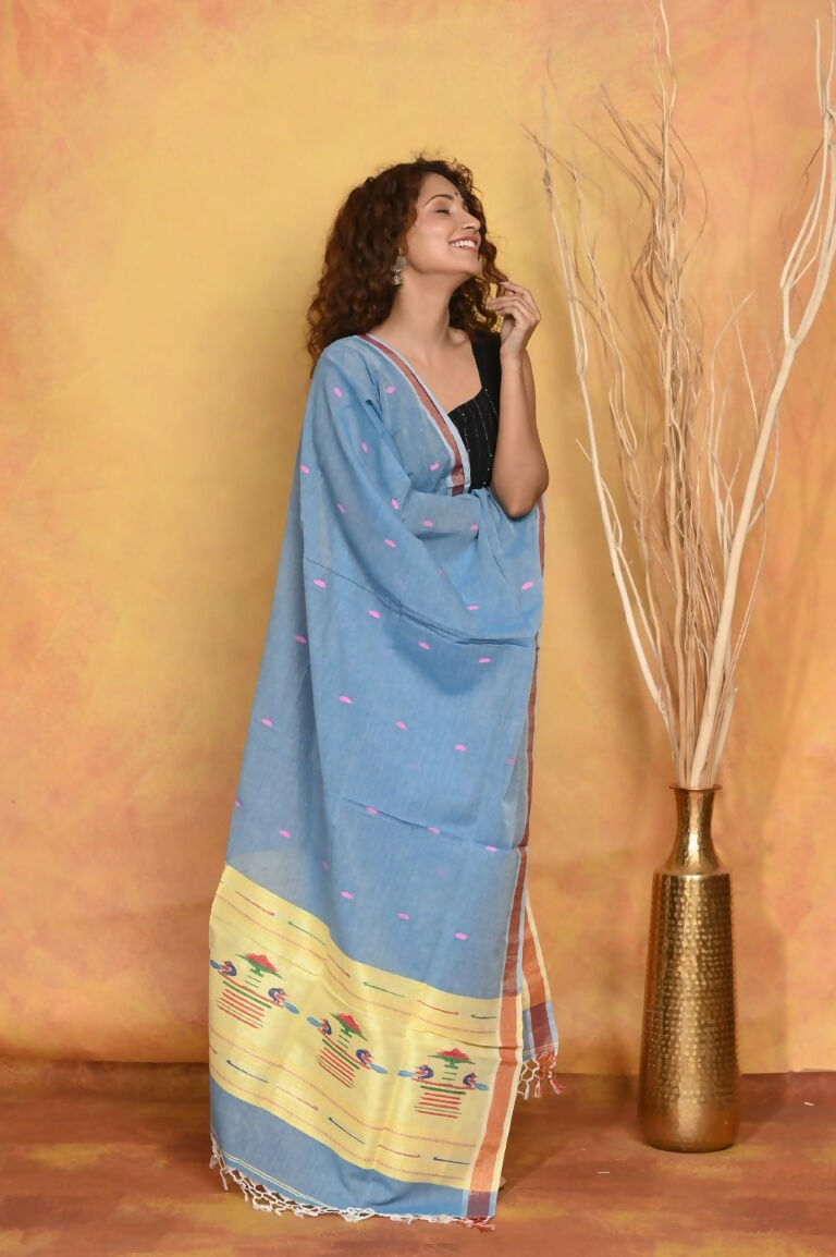 Very Much Indian Handloom Pure Cotton Paithani Dupatta - Powder Blue