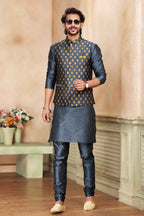 Raivat Ethnic Jacquard Banarasi Silk Woven Work 3 Pics Jacket Set In Dark Grey Colour - Distacart