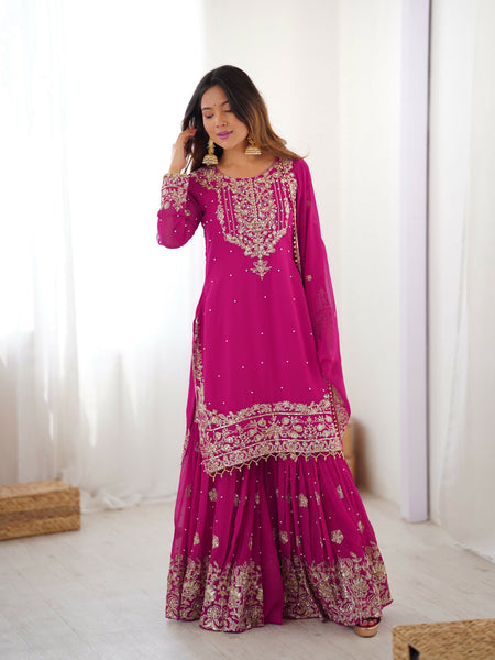Lehenga Mart Designer Sharara Suit With Kurta, Sharara, Dupatta For Women-Pink