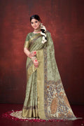 Pista Green Poly Habotai Silk Foil Print Saree with Unstitched Blouse - Kathari