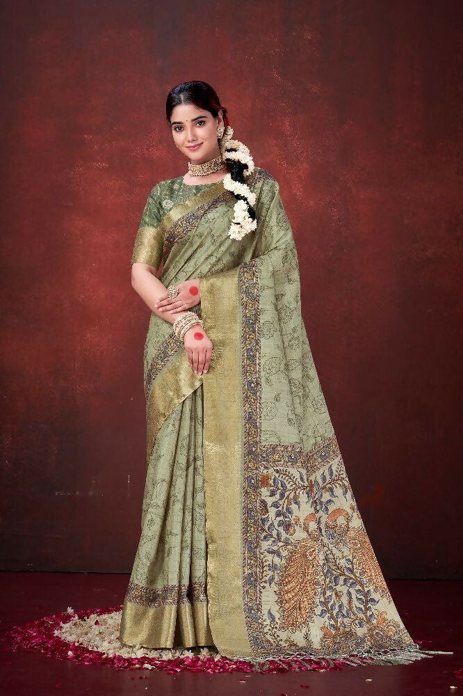 Pista Green Poly Habotai Silk Foil Print Saree with Unstitched Blouse - Kathari