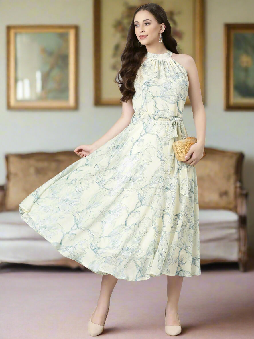 Souchii Cream & Blue Floral Chiffon Maxi Dress