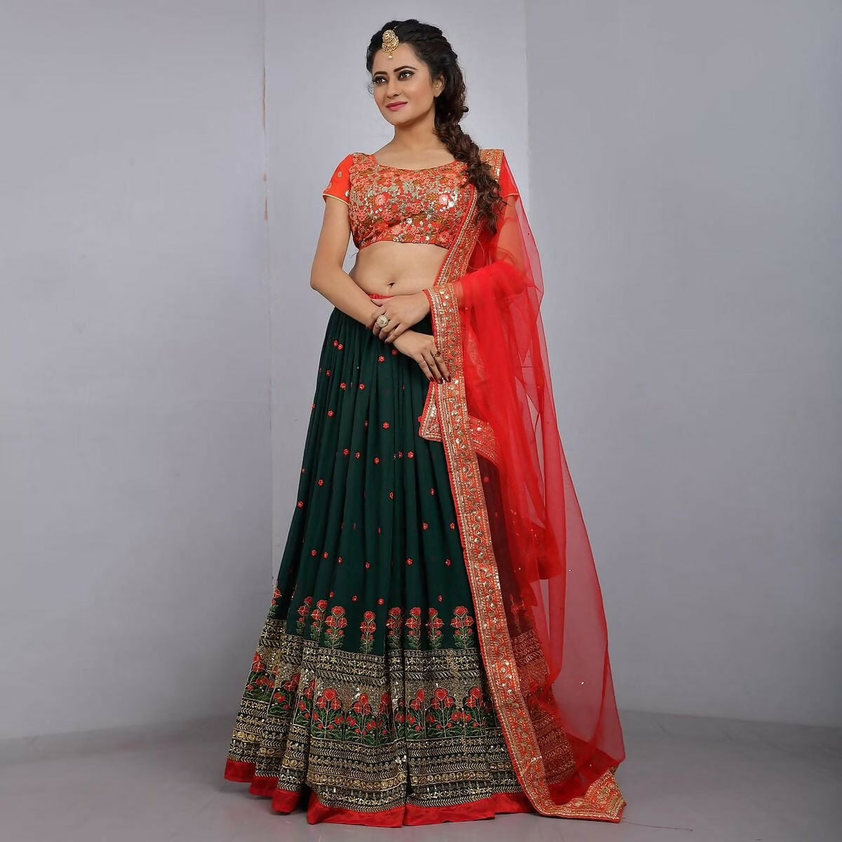 Jyoti Fashion Red & Bottle Green Thread & 3mm Sequence Embroidery Georgette Lehenga Choli with Dupatta
