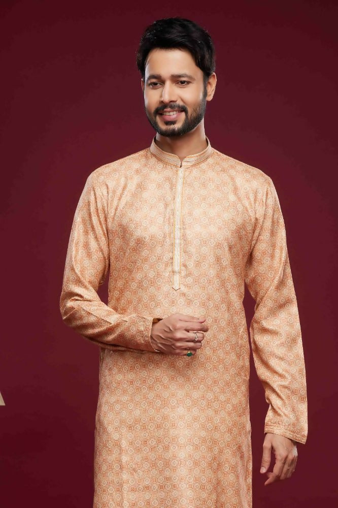 Raivat Ethnic Art Silk Digital Print Pintux Work Kurta Pajama In Peach Colour