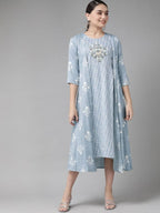 Yufta Women Blue & White Floral Printed Ethnic A-Line Midi Dress with Jacket