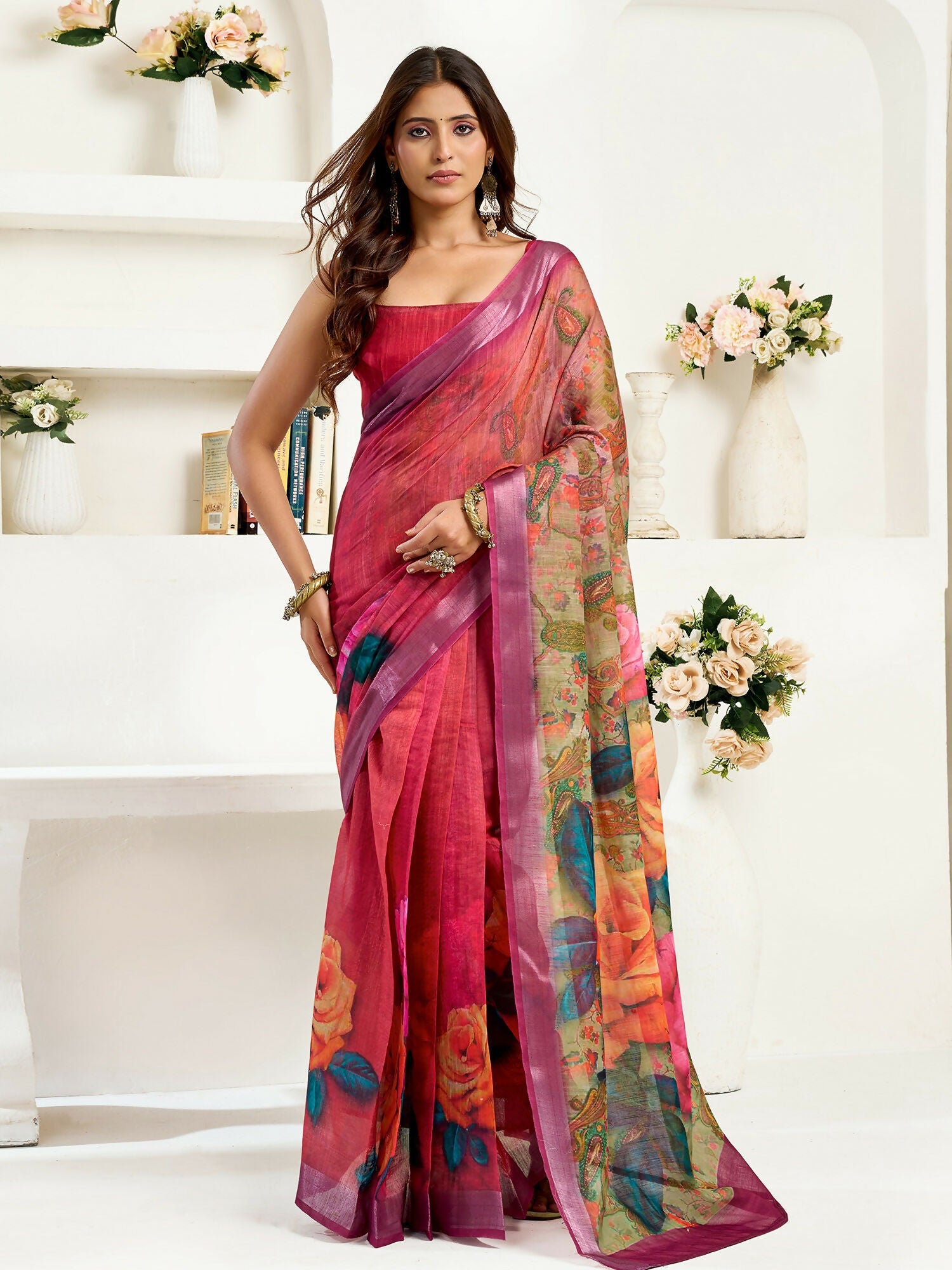 Joban Fashion  Onion Pink Floral Linen Ready To Wear Saree With Unstitched Blouse - Distacart
