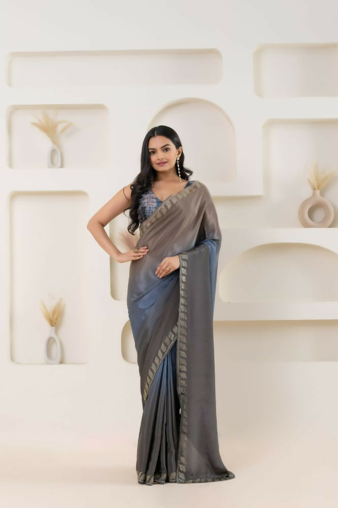 Grey Satin Pedding Designer, Printed Party Wear Ready To Wear Saree - Femina
