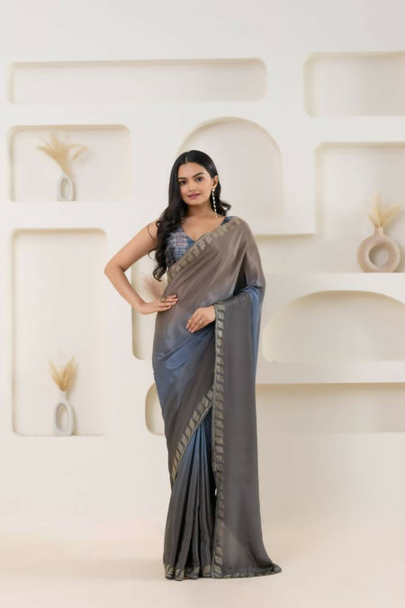 Grey Satin Pedding Designer, Printed Party Wear Ready To Wear Saree - Femina
