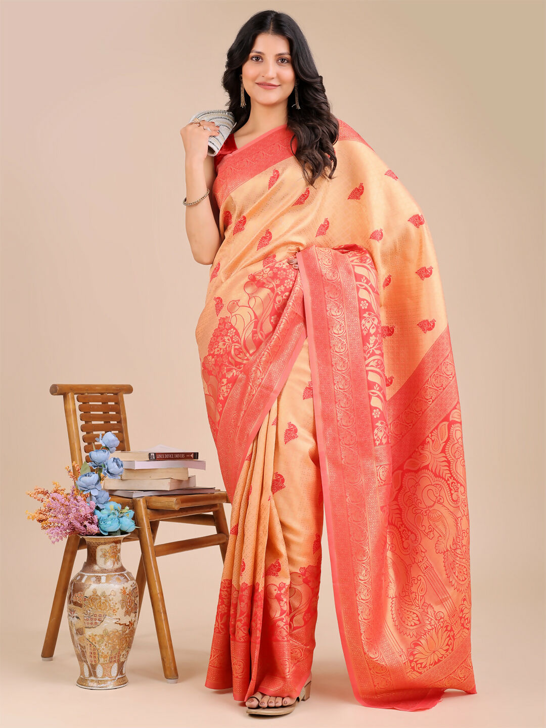 Shree Shyam Fashion Banarasi Silk Cream & Red Saree - Distacart