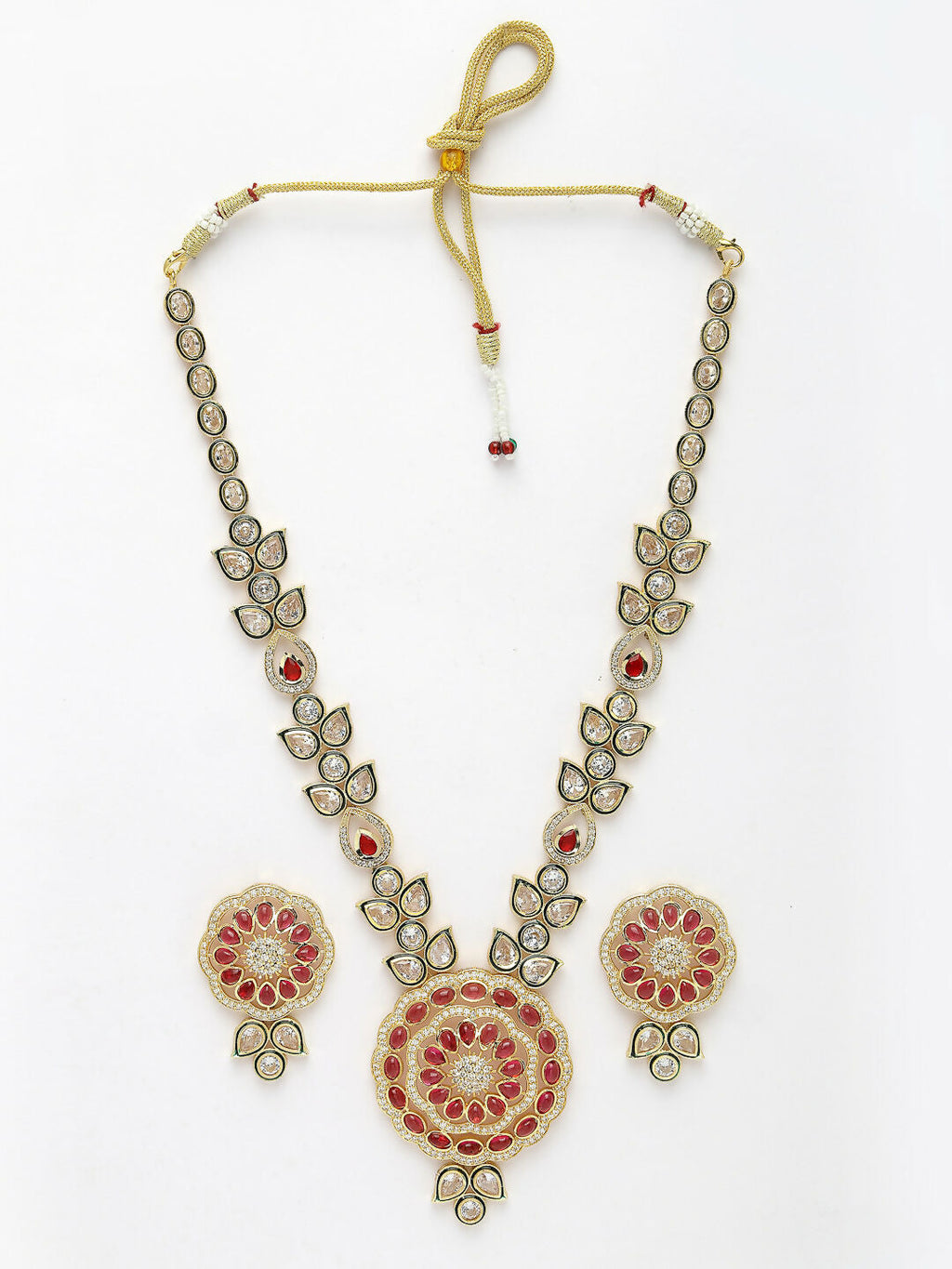 NVR Women's Red & Gold Kundan Studded Handcrafted Jewellery Set