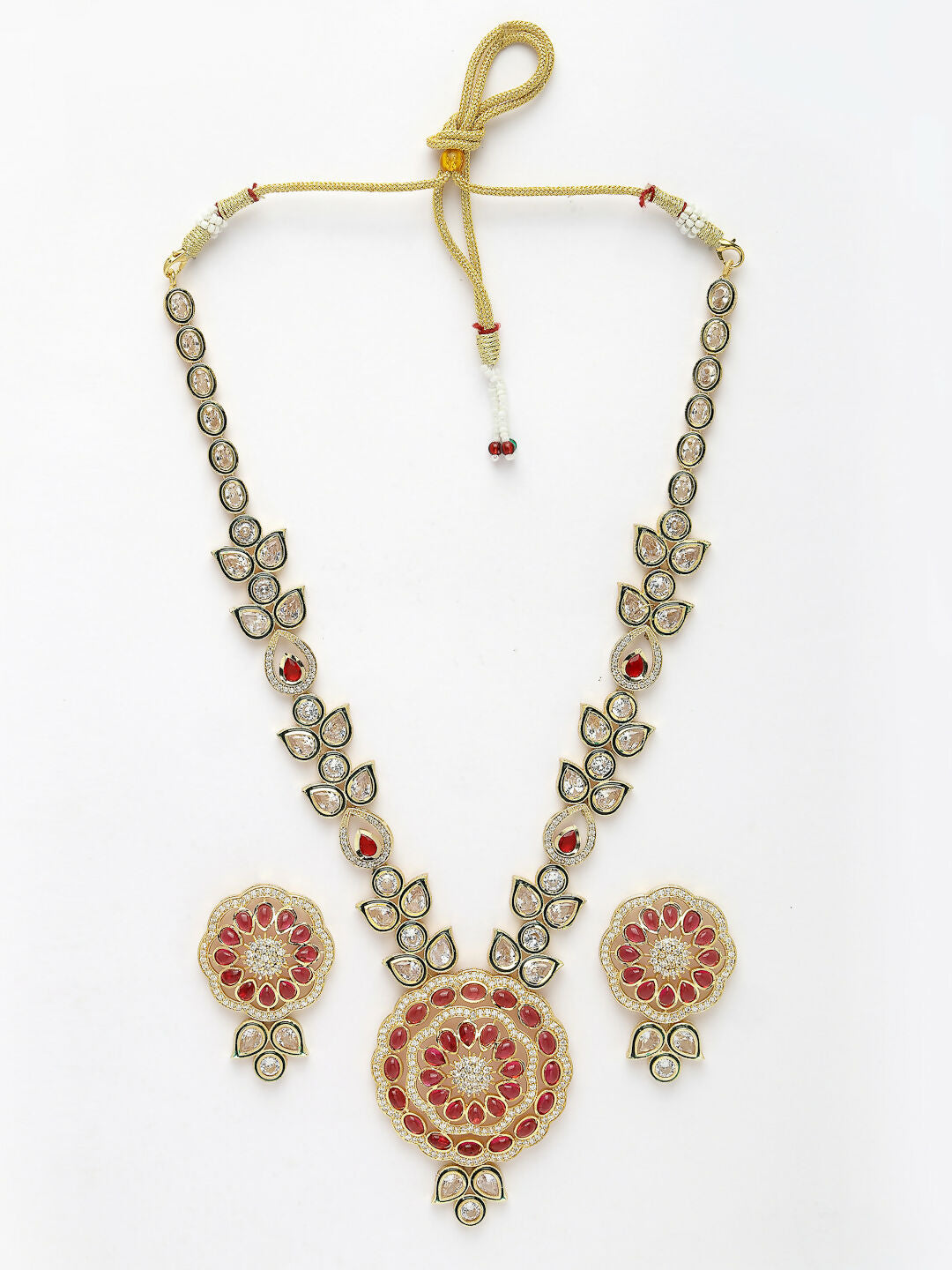 NVR Women's Red & Gold Kundan Studded Handcrafted Jewellery Set