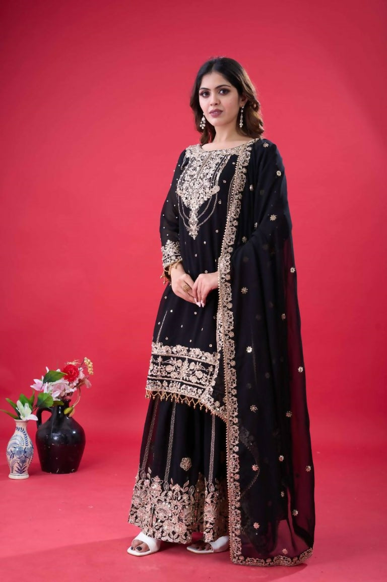Teeya Creation Black Color Faux georgette Embroidery Work Sharara Set - Distacart
