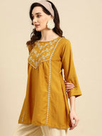 Women's Mustard Viscose blend Embroidered Short Top - Marina