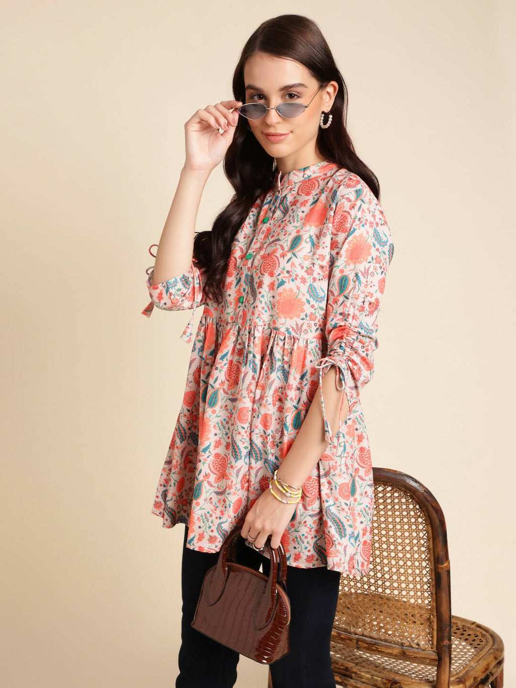 Orange Poly Rayon Digital Printed A-line Top - Tarini