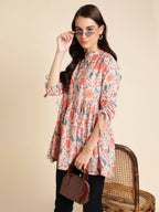 Orange Poly Rayon Digital Printed A-line Top - Tarini