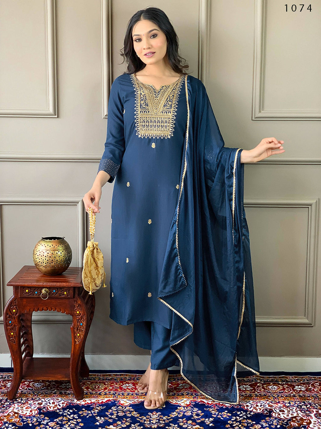 Partywear Designer Rayon Slub Blue Stitched Suit With Dupatta - Tanisha