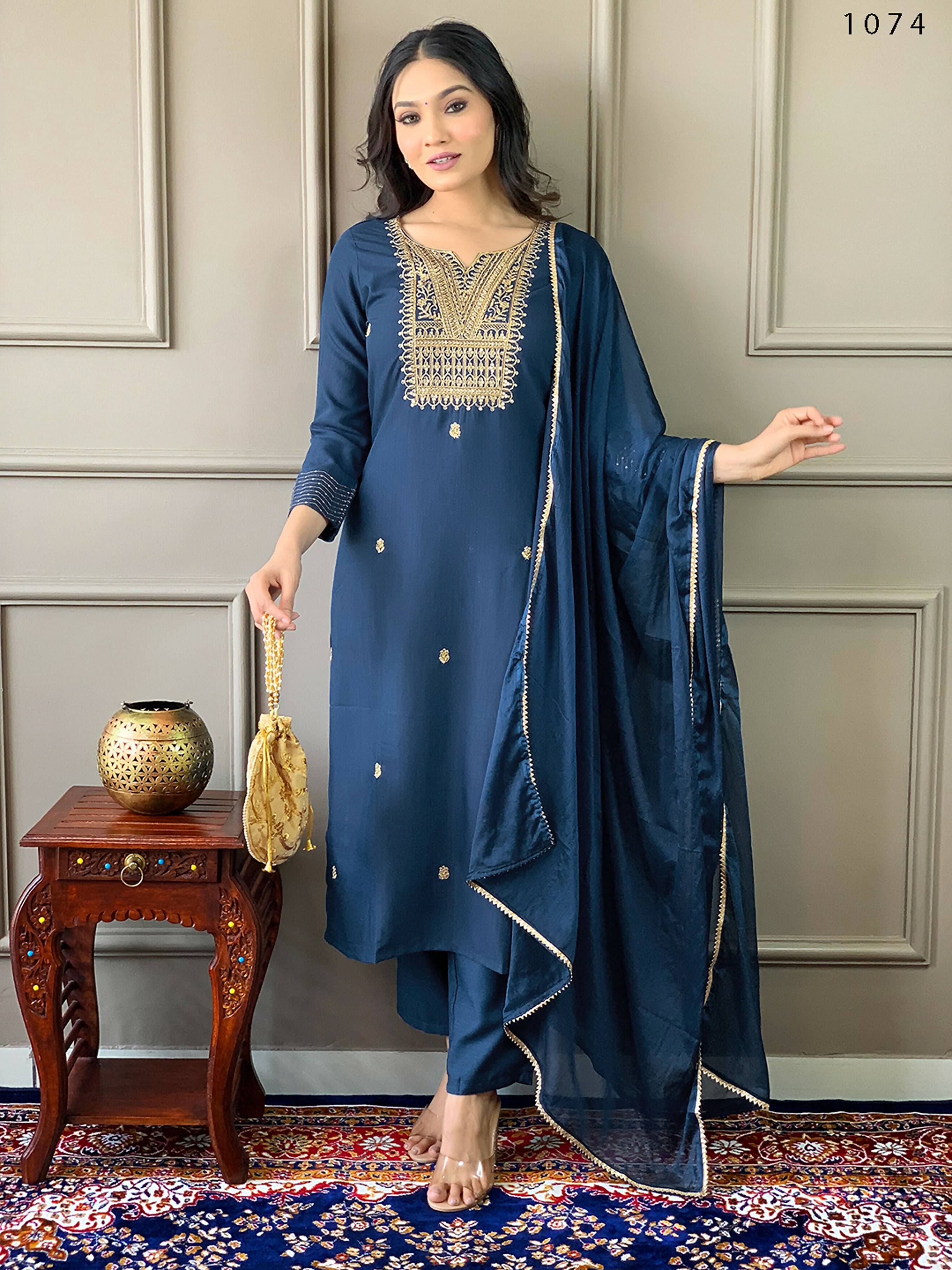 Partywear Designer Rayon Slub Blue Stitched Suit With Dupatta - Tanisha