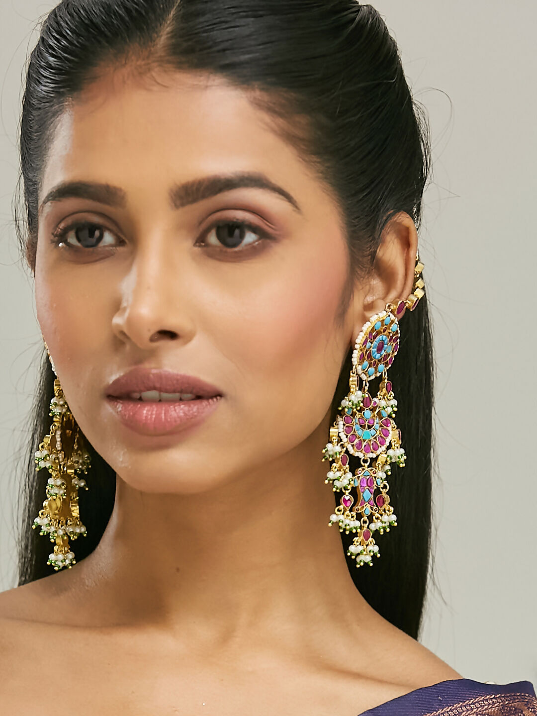 Nuyug 22K Gold-Plated Kundan Studded & Pearl Beaded Crescent Shaped Kanauti Earrings - Distacart