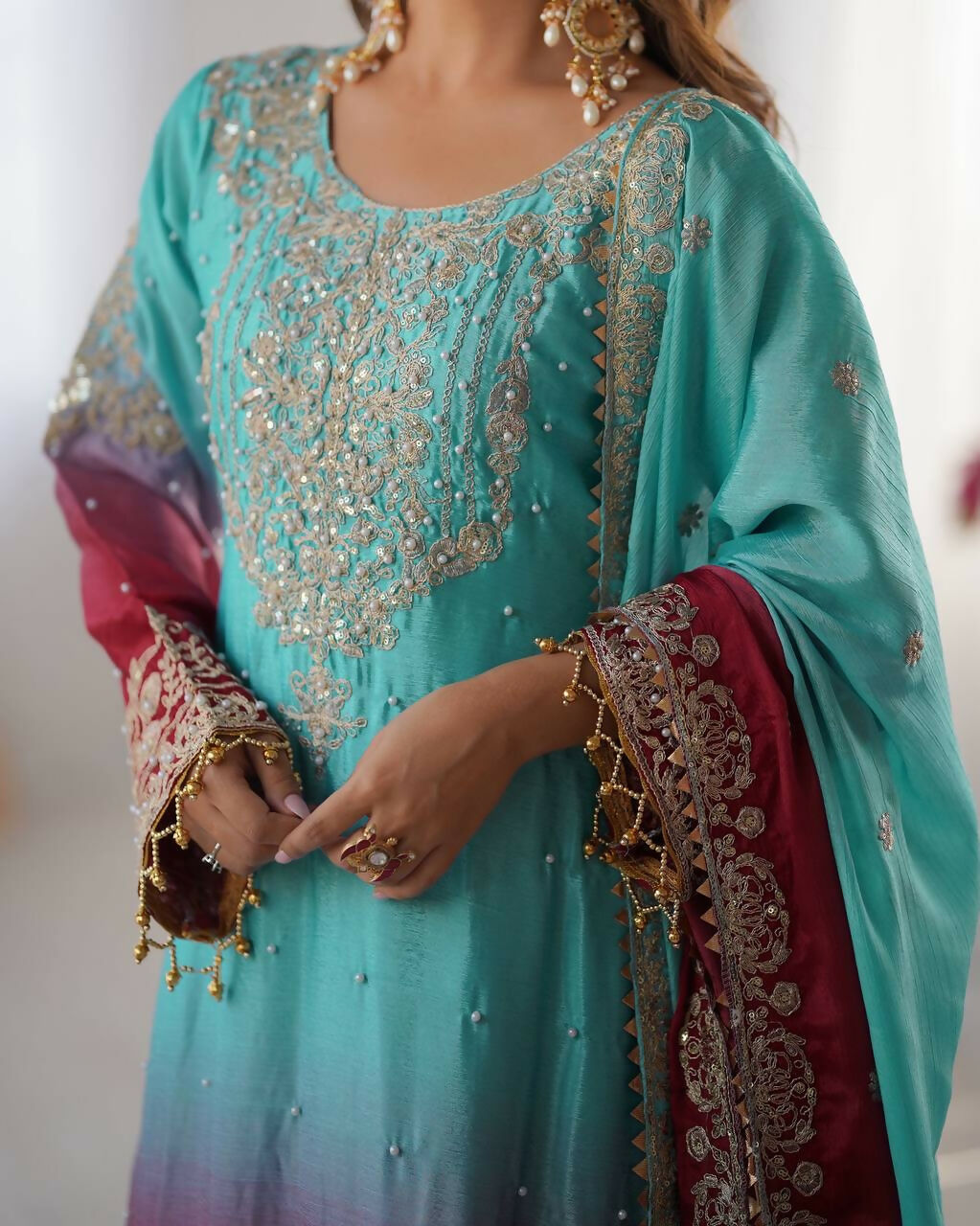 The52 Women's Beautiful Chinon silk Fabric Embroidery Work Straight Kurta Palazzo and Dupatta Set - Distacart