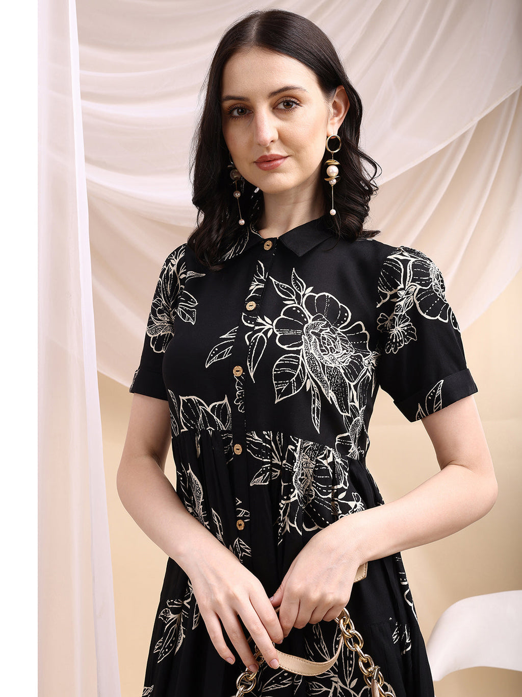 Tiered A-Line Midi Shirt Dress, Black - Hiral Fashion
