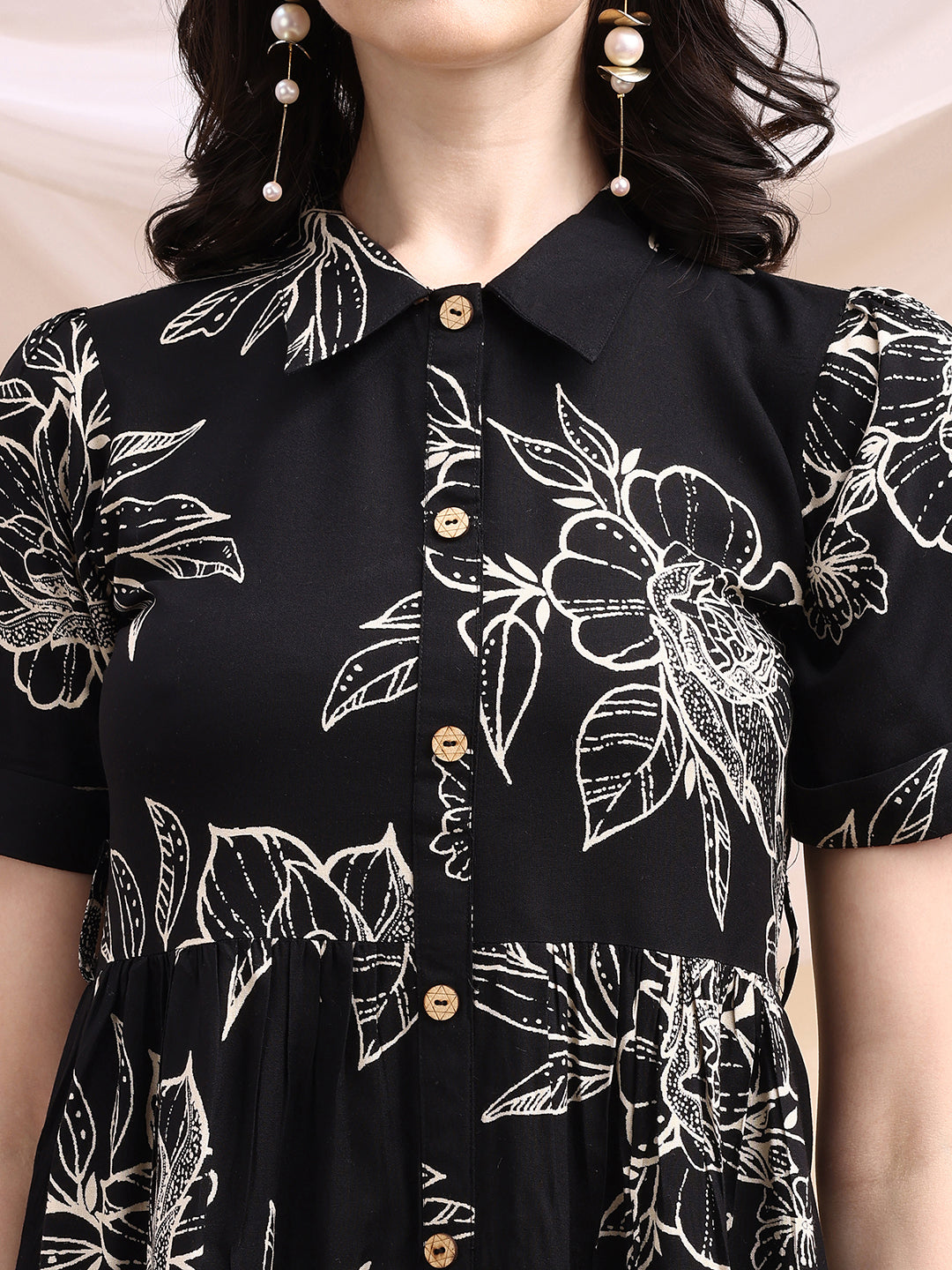Tiered A-Line Midi Shirt Dress, Black - Hiral Fashion