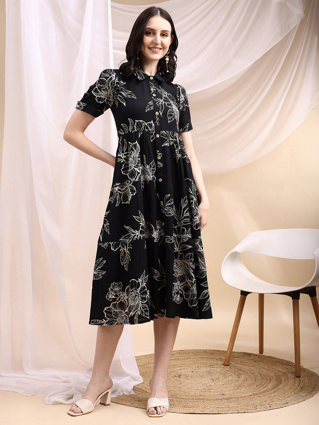 Tiered A-Line Midi Shirt Dress, Black - Hiral Fashion