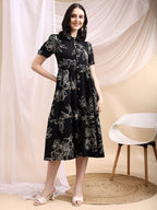 Tiered A-Line Midi Shirt Dress, Black - Hiral Fashion
