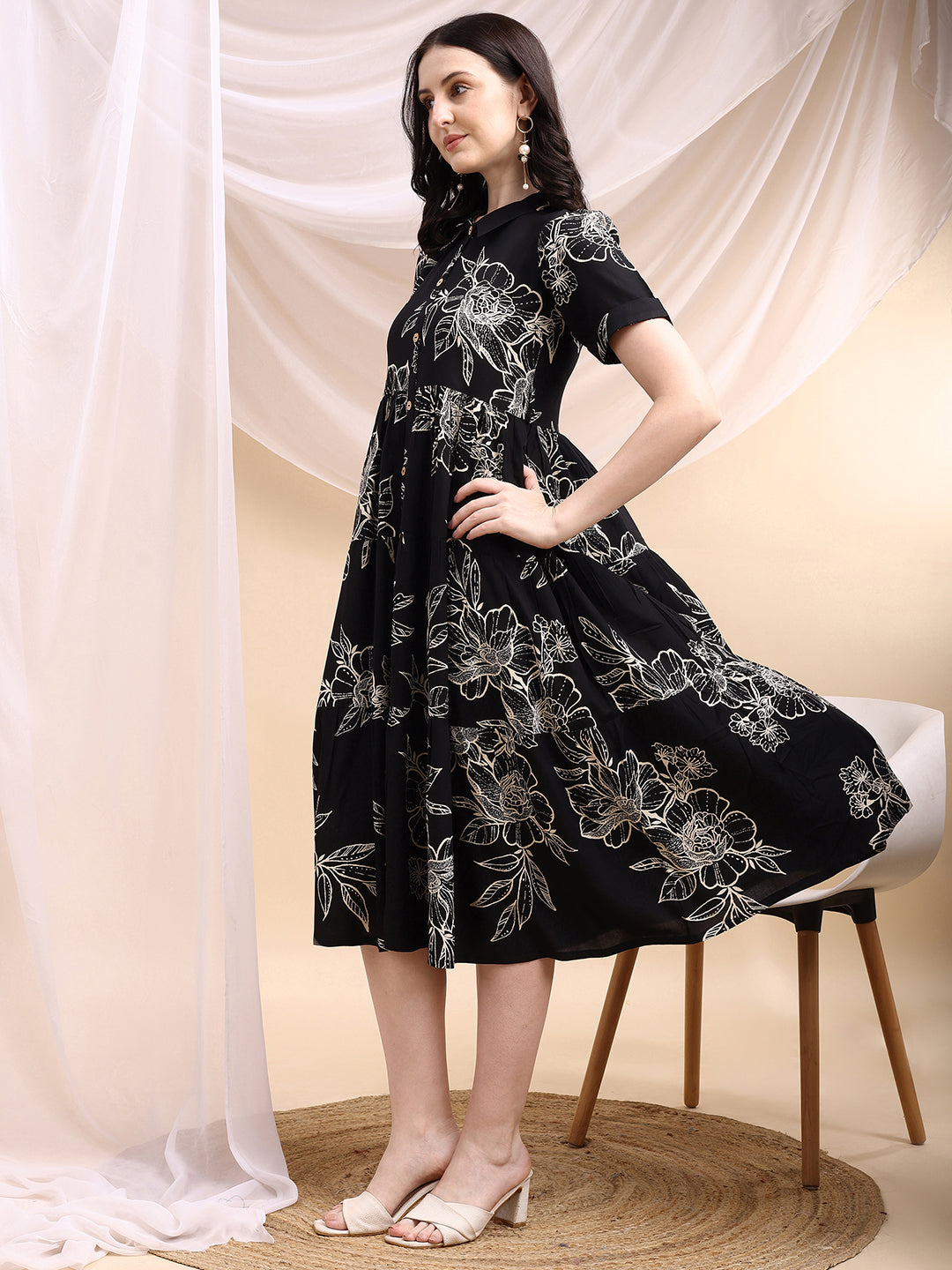 Tiered A-Line Midi Shirt Dress, Black - Hiral Fashion