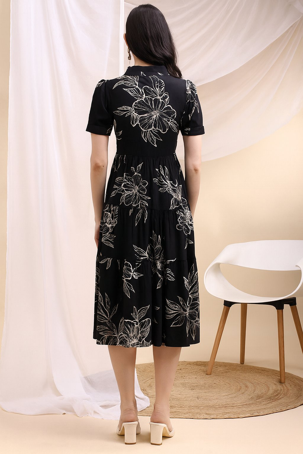 Tiered A-Line Midi Shirt Dress, Black - Hiral Fashion