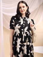 Black Midi Shirt Dress With Oversized Beige Floral Print, Black - Hiral Fashion