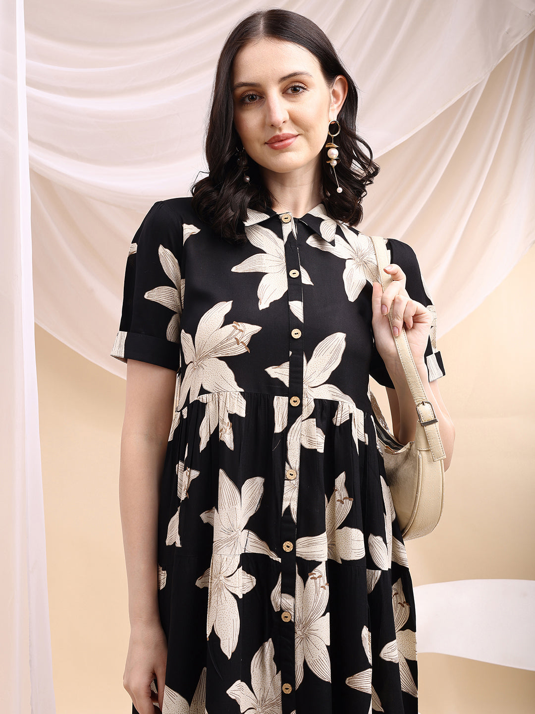 Black Midi Shirt Dress With Oversized Beige Floral Print, Black - Hiral Fashion