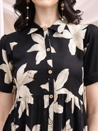 Black Midi Shirt Dress With Oversized Beige Floral Print, Black - Hiral Fashion