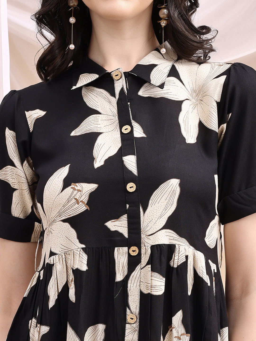 Black Midi Shirt Dress With Oversized Beige Floral Print, Black - Hiral Fashion