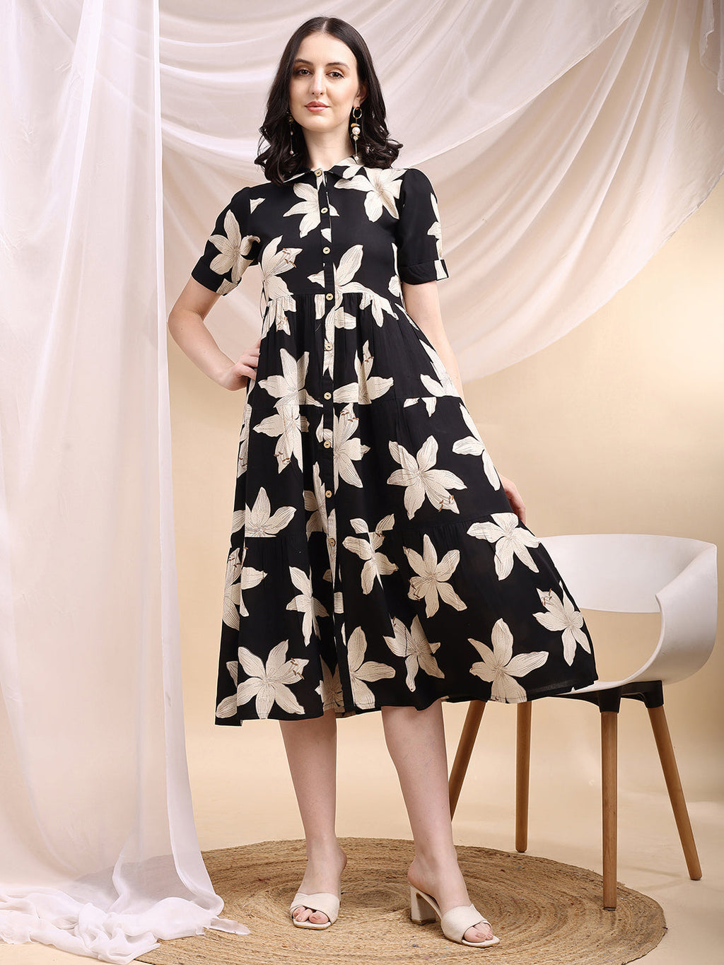 Black Midi Shirt Dress With Oversized Beige Floral Print, Black - Hiral Fashion
