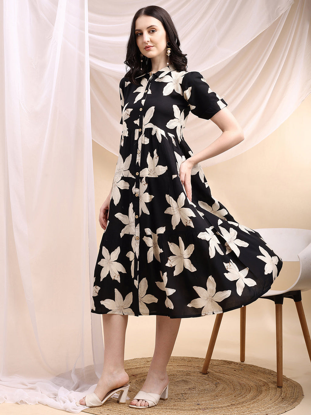 Black Midi Shirt Dress With Oversized Beige Floral Print, Black - Hiral Fashion
