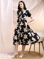 Black Midi Shirt Dress With Oversized Beige Floral Print, Black - Hiral Fashion