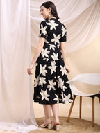 Black Midi Shirt Dress With Oversized Beige Floral Print, Black - Hiral Fashion