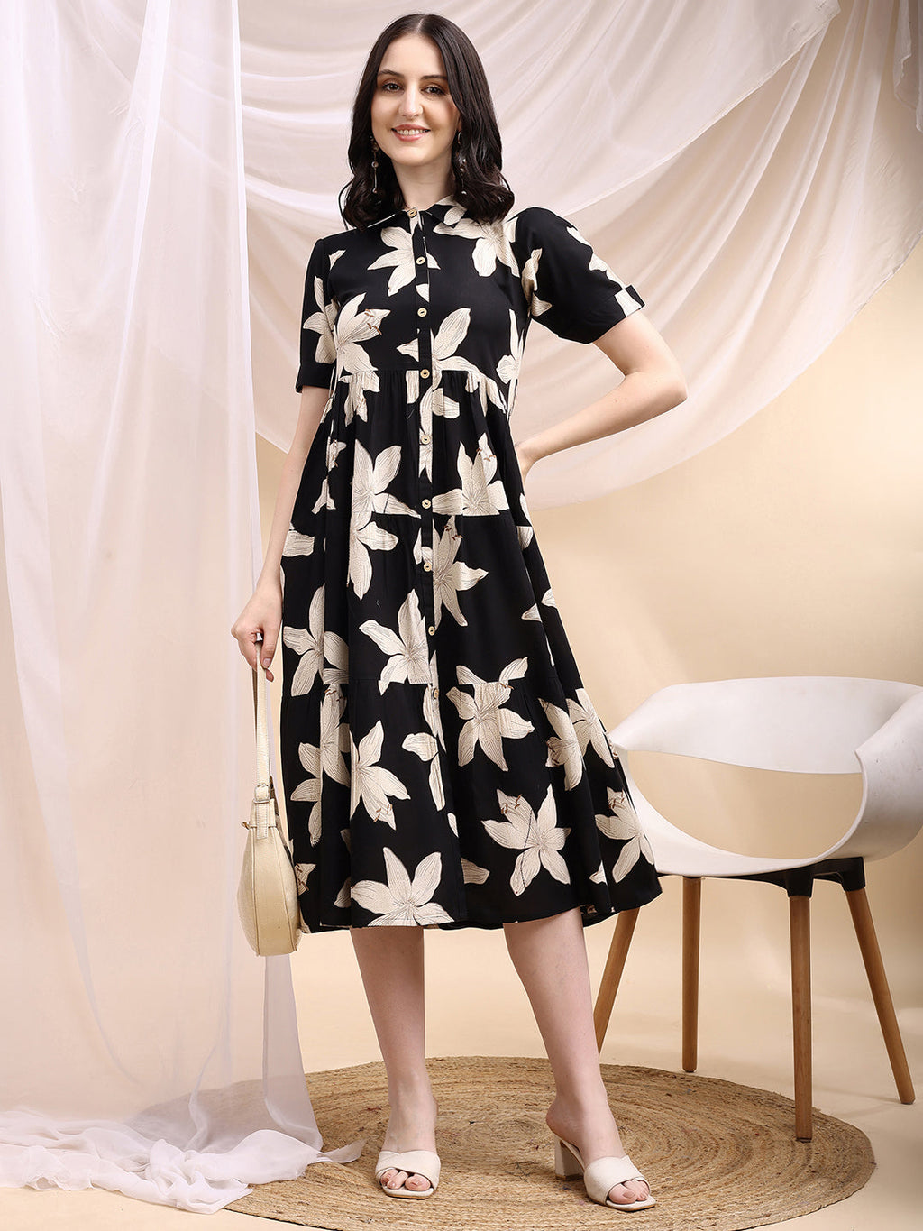 Black Midi Shirt Dress With Oversized Beige Floral Print, Black - Hiral Fashion