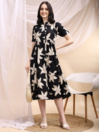 Black Midi Shirt Dress With Oversized Beige Floral Print, Black - Hiral Fashion