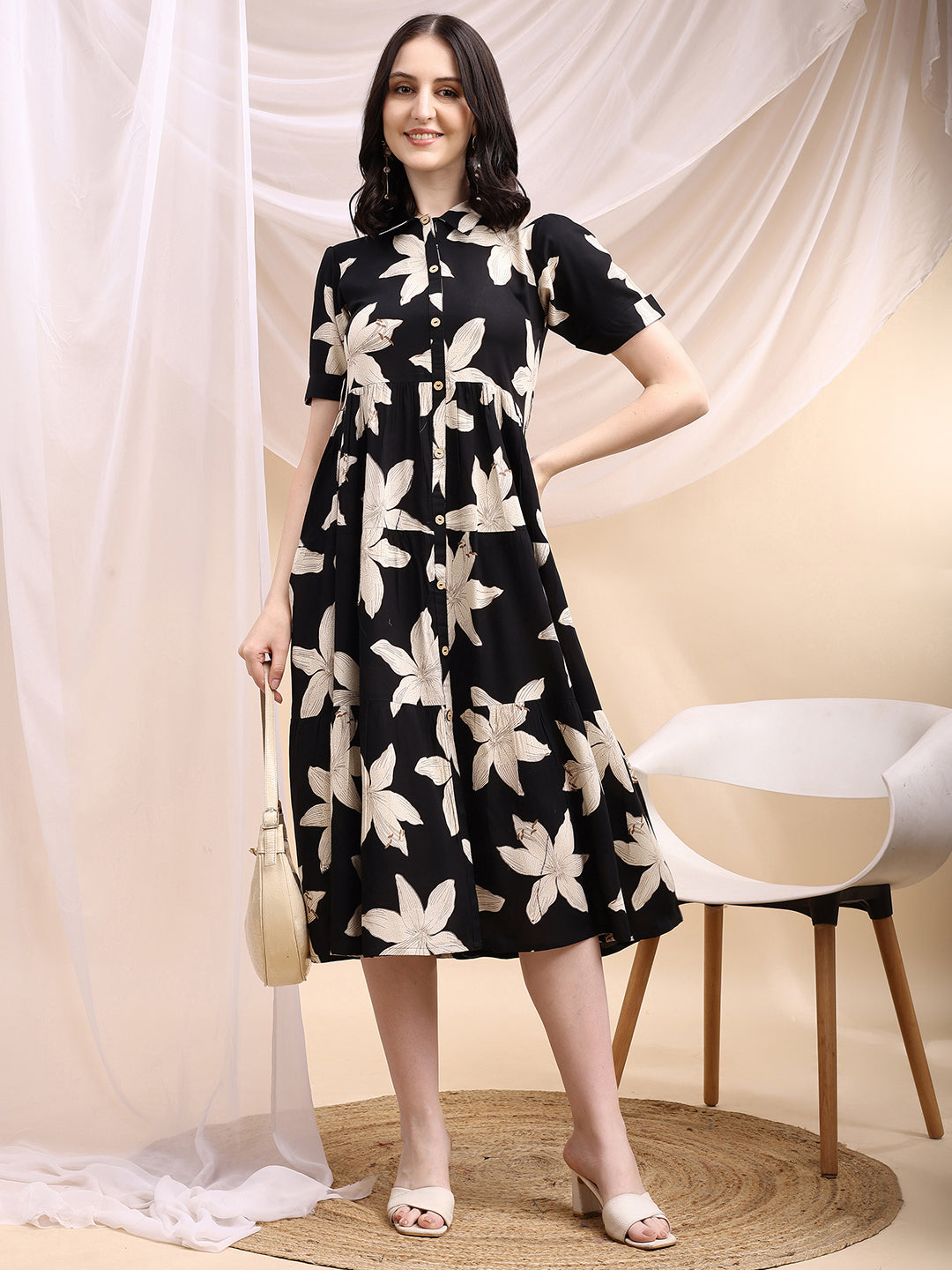 Black Midi Shirt Dress With Oversized Beige Floral Print, Black - Hiral Fashion