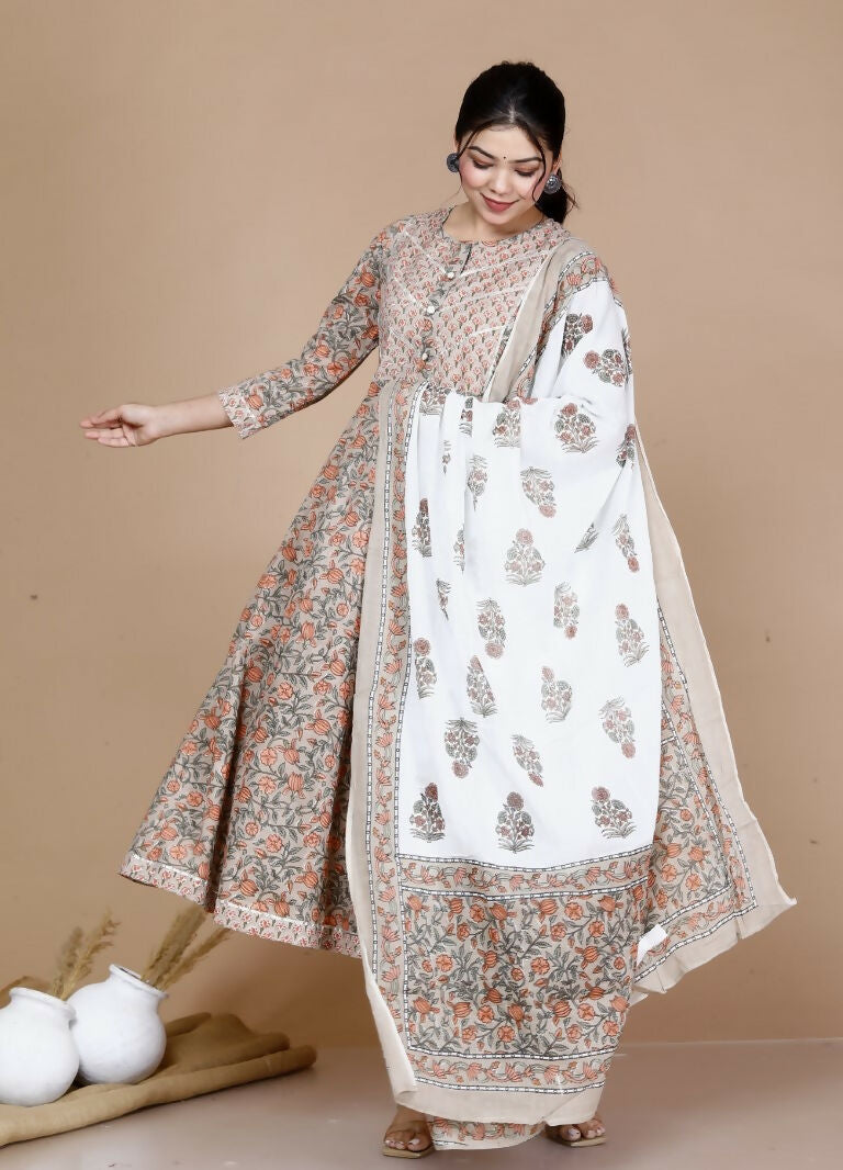 Miravan Women's Partywear Brown Floral Printed Gota Work Long Anarkali With Dupatta Set