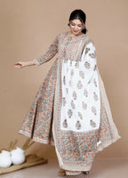 Miravan Women's Partywear Brown Floral Printed Gota Work Long Anarkali With Dupatta Set