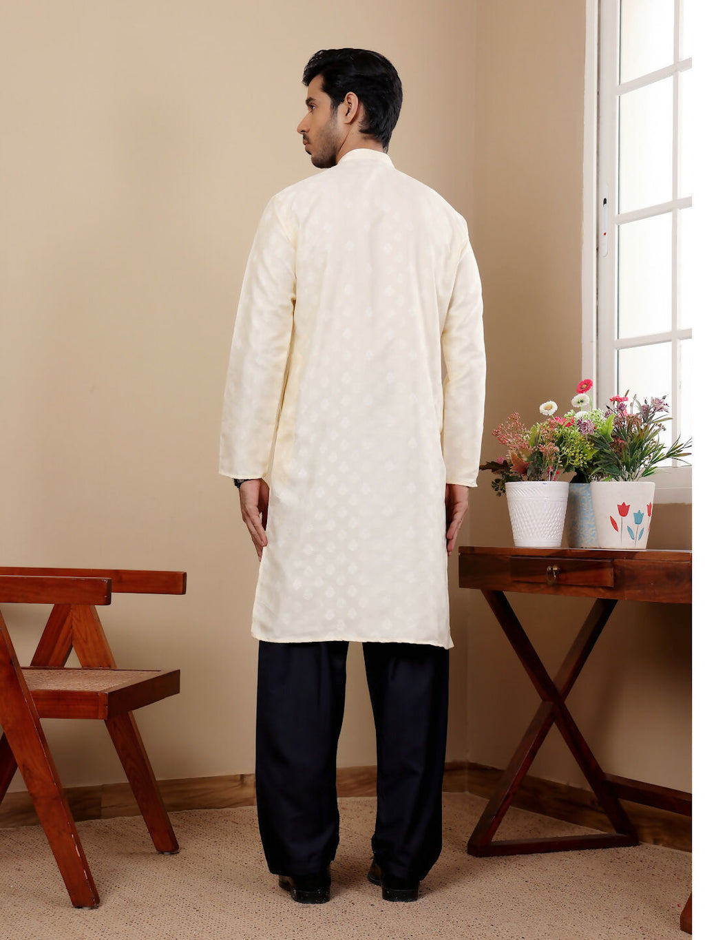 Off White Viscose Woven Jacquard Work Men's Kurta - Mahotsav