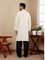 Off White Viscose Woven Jacquard Work Men's Kurta - Mahotsav