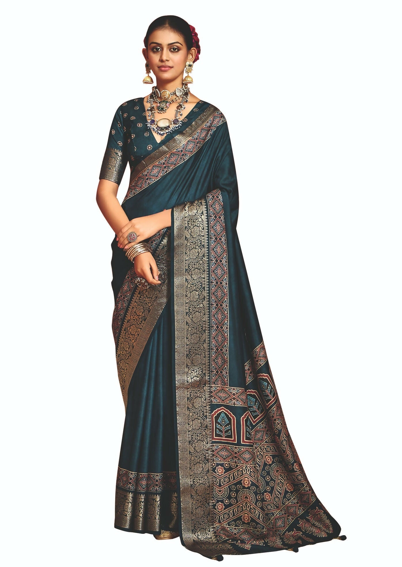 Joban Fashion Teal Blue Art Silk With Fine Viscose Border Ajrak Full Body Print With Soft Finish Saree - Distacart
