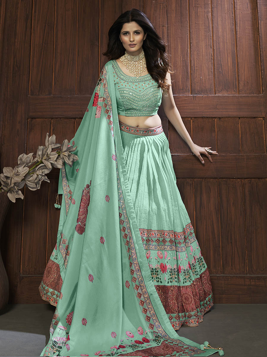 Myra Sea Green Chinon Embroidered Designer Lehenga