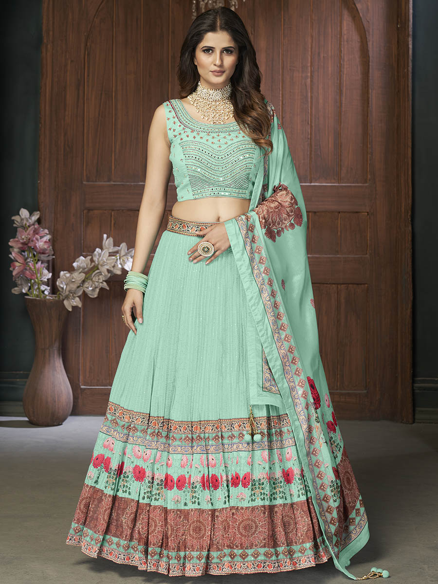 Myra Sea Green Chinon Embroidered Designer Lehenga