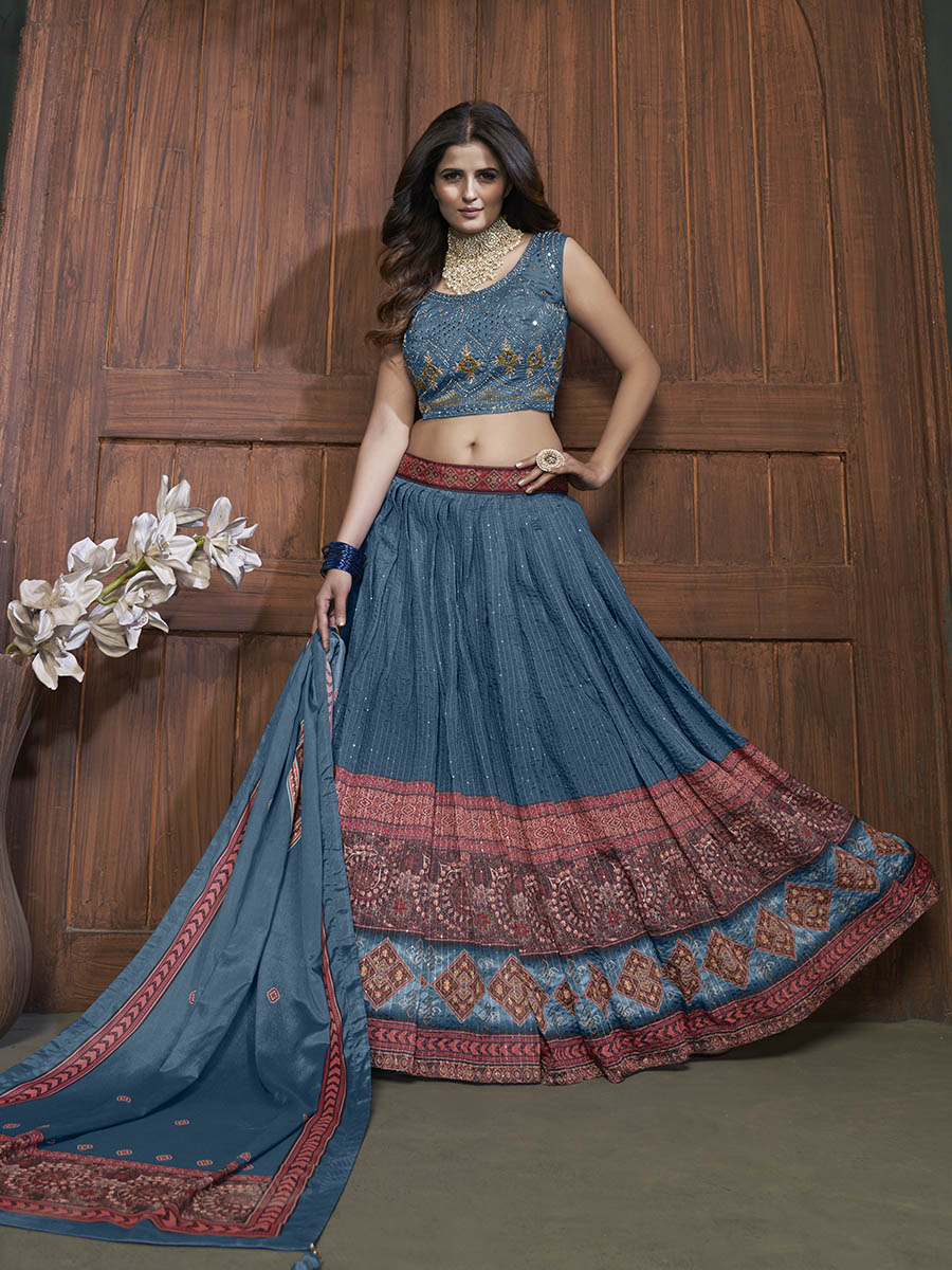 Myra Aequa blue Chinon Embroidered Designer Lehenga
