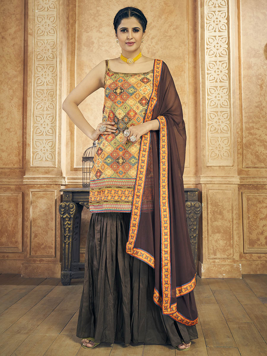 Myra Multi Printed Chinon Silk Designer Suit