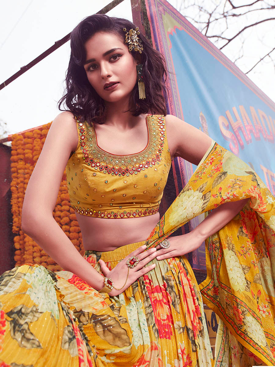 Myra Yellow Art Silk Embroidered Designer Lehenga